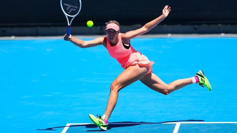 Jan 16, 2024; Melbourne, Victoria, Australia; Danielle Collins of the United States plays a shot against Angelique Kerber (not pictured) of Germany in Round 1 of the Women's Singles on Day 3 of the Australian Open tennis at Rod Laver Arena. Mandatory Credit: Mike Frey-USA TODAY Sports