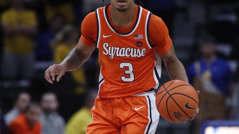 Jan 16, 2024; Pittsburgh, Pennsylvania, USA; Syracuse Orange guard Judah Mintz (3) brings the ball up court against the Pittsburgh Panthers during the first half at the Petersen Events Center. Mandatory Credit: Charles LeClaire-USA TODAY Sports