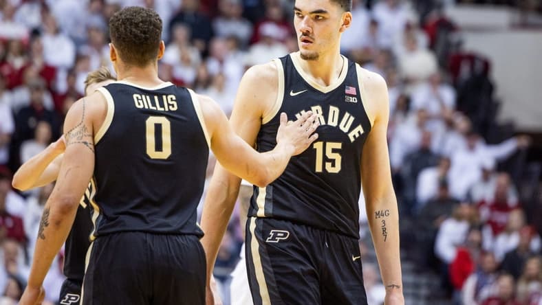 Jan 16, 2024; Bloomington, Indiana, USA; Purdue Boilermakers center Zach Edey (15) and forward Mason Gillis (0) celebrate a basket in the first half against the Indiana Hoosiers at Simon Skjodt Assembly Hall. Mandatory Credit: Trevor Ruszkowski-USA TODAY Sports
