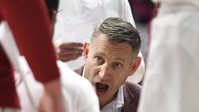 Jan 16, 2024; Tuscaloosa, Alabama, USA; Alabama head coach Nate Oats talks to his team during a timeout as they play Missouri at Coleman Coliseum. Mandatory Credit: Gary Cosby Jr.-USA TODAY Sports