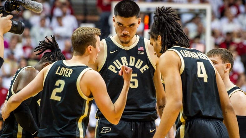 Purdue's Zach Edey (15) and the Boilermakers huddle up before the start of the first half of the Indiana versus Purdue men's basketball game at Simon Skjodt Assembly Hall on Tuesday, Jan. 16, 2024.