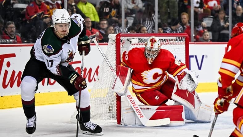 Jan 16, 2024; Calgary, Alberta, CAN; Calgary Flames goaltender Daniel Vladar (80) keeps his eye on Arizona Coyotes center Nick Bjugstad (17) and the puck during the first period at Scotiabank Saddledome. Mandatory Credit: Brett Holmes-USA TODAY Sports
