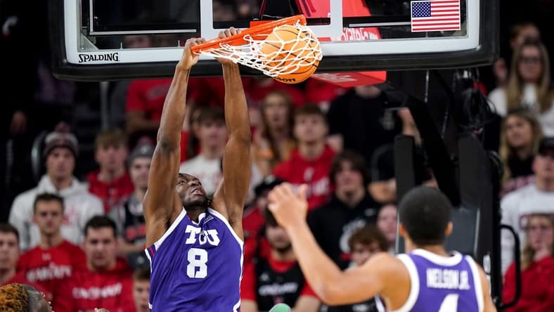 TCU Horned Frogs center Ernest Udeh Jr. (8) dunks in the second half of a college basketball game between the TCU Horned Frogs and the Cincinnati Bearcats, Tuesday, Jan. 16, 2024, at Fifth Third Arena in Cincinnati. The Cincinnati Bearcats won, 81-77.