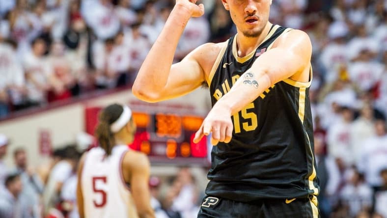 Purdue's Zach Edey (15) celebrates as Purdue goes up over 20 points during the second half of the Indiana versus Purdue men's basketball game at Simon Skjodt Assembly Hall on Tuesday, Jan. 16, 2024.
