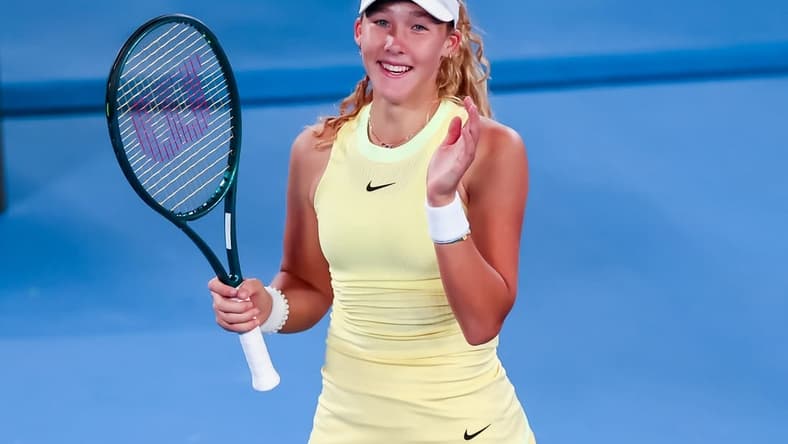 17 Jan, 2024; Melbourne, Victoria, Australia; Mirra Andreeva of Russia celebrates her win against Ons Jabeur (not pictured) of Tunisia in Round 2 of the Women's Singles on Day 4 of the Australian Open tennis at Rod Laver Arena. Mandatory Credit: Mike Frey-USA TODAY Sports