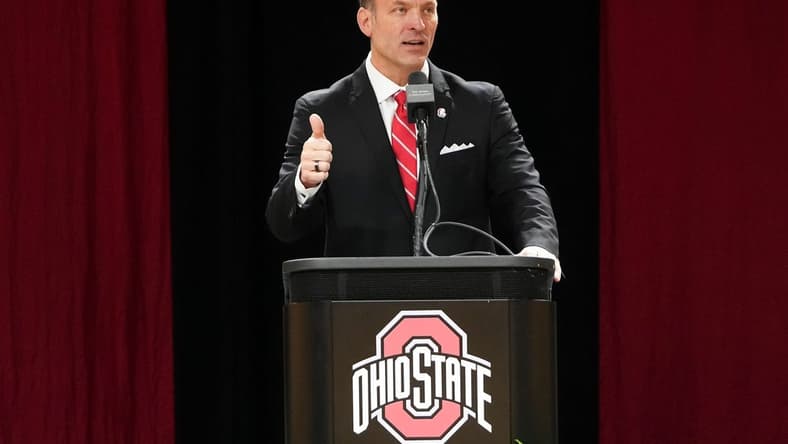 Jan 17, 2024; Columbus, OH, USA; Ross Bjork speaks during an introductory press conference for Ohio State University s new athletic director at the Covelli Center.