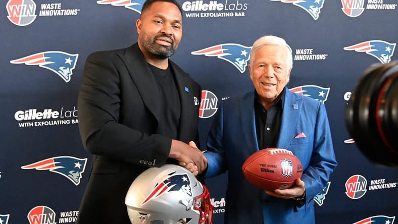 Jan 17, 2024; Foxborough, MA, USA; New England Patriots head coach Jerod Mayo (L) and owner Robert Kraft pose for photos after a press conference announcing Mayo's hiring as the team's head coach at Gillette Stadium. Mandatory Credit: Eric Canha-USA TODAY Sports