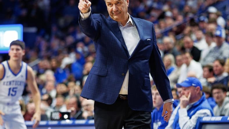 Jan 17, 2024; Lexington, Kentucky, USA; Kentucky Wildcats head coach John Calipari reacts during the first half against the Mississippi State Bulldogs at Rupp Arena at Central Bank Center. Mandatory Credit: Jordan Prather-USA TODAY Sports