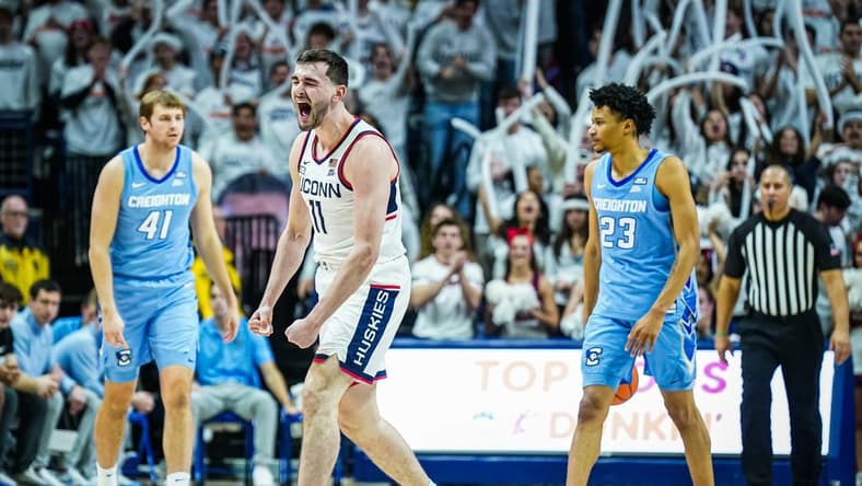 Jan 17, 2024; Storrs, Connecticut, USA; Connecticut Huskies forward Alex Karaban (11) reacts after a play against the Creighton Bluejays in the second half at Harry A. Gampel Pavilion. Mandatory Credit: David Butler II-USA TODAY Sports
