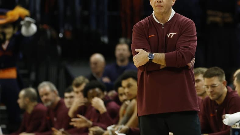 Jan 17, 2024; Charlottesville, Virginia, USA; Virginia Tech Hokies head coach Mike Young looks on from the bench against the Virginia Cavaliers in the second half at John Paul Jones Arena. Mandatory Credit: Geoff Burke-USA TODAY Sports