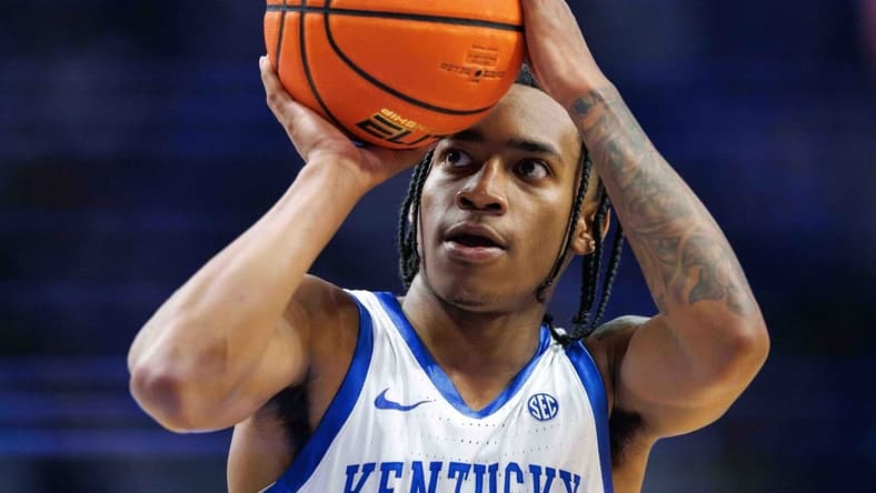 Jan 17, 2024; Lexington, Kentucky, USA; Kentucky Wildcats guard Rob Dillingham (0) shoots a free throw during the second half against the Mississippi State Bulldogs at Rupp Arena at Central Bank Center. Mandatory Credit: Jordan Prather-USA TODAY Sports