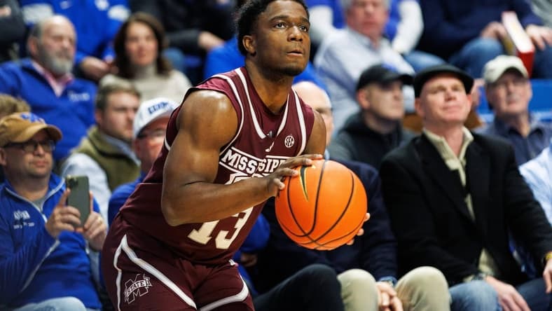 Jan 17, 2024; Lexington, Kentucky, USA; Mississippi State Bulldogs guard Josh Hubbard (13) shoots the ball during the first half against the Kentucky Wildcats at Rupp Arena at Central Bank Center. Mandatory Credit: Jordan Prather-USA TODAY Sports