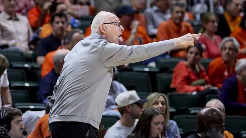 Jan 17, 2024; Coral Gables, Florida, USA; Miami Hurricanes head coach Jim Larranaga reacts from the sideline against the Florida State Seminoles during the second half at Watsco Center. Mandatory Credit: Sam Navarro-USA TODAY Sports