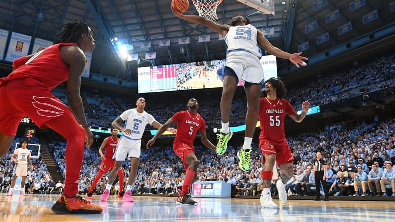 Jan 17, 2024; Chapel Hill, North Carolina, USA; North Carolina Tar Heels forward Jae'Lyn Withers (24) scores in the second half at Dean E. Smith Center. Mandatory Credit: Bob Donnan-USA TODAY Sports
