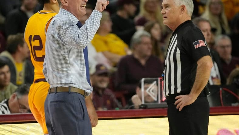 Arizona State Sun Devils head coach Bobby Hurley argues a technical foul call with an official during the second half against UCLA at Desert Financial Arena in Tempe on Jan. 17, 2024.