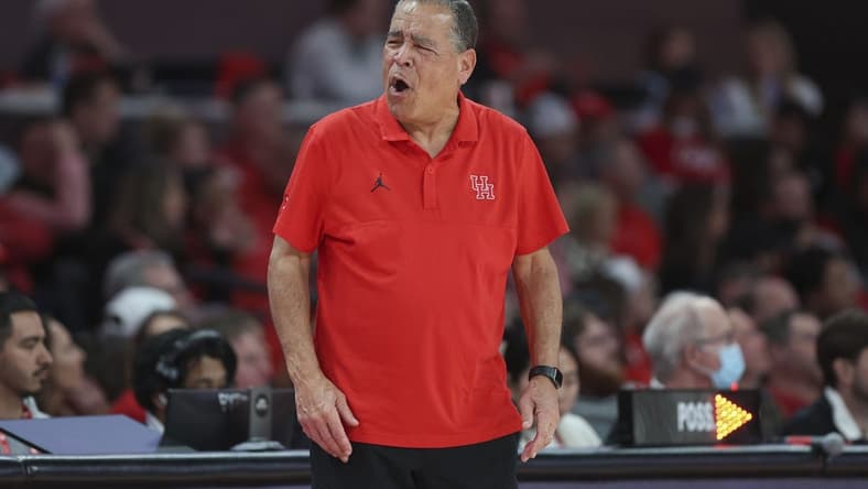 Jan 17, 2024; Houston, Texas, USA; Houston Cougars head coach Kelvin Sampson reacts during the second half against the Texas Tech Red Raiders at Fertitta Center. Mandatory Credit: Troy Taormina-USA TODAY Sports