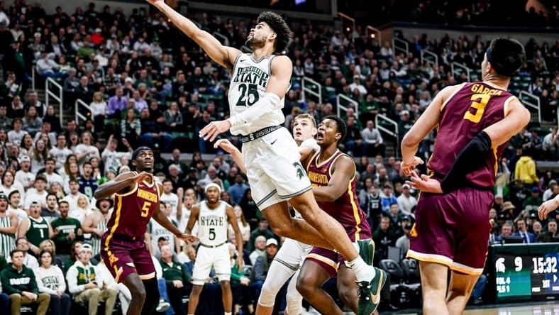 Michigan State's Malik Hall scores against Minnesota during the first half on Thursday, Jan. 18, 2024, at the Breslin Center in East Lansing.
