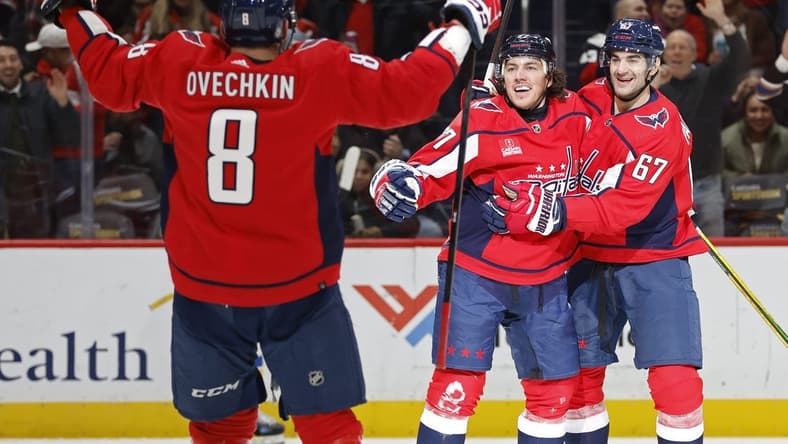 Jan 18, 2024; Washington, District of Columbia, USA; Washington Capitals right wing T.J. Oshie (77) celebrates with Capitals left wing Max Pacioretty (67) after scoring a goal against the St. Louis Blues in the first period at Capital One Arena. Mandatory Credit: Geoff Burke-USA TODAY Sports
