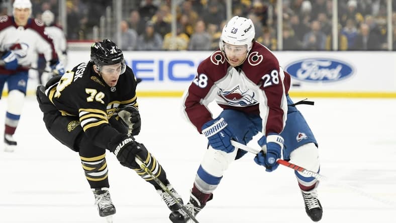 Jan 18, 2024; Boston, Massachusetts, USA; Colorado Avalanche left wing Miles Wood (28) controls the puck while Colorado Avalanche right wing Alex Beaucage (74) defends during the second period at TD Garden. Mandatory Credit: Bob DeChiara-USA TODAY Sports