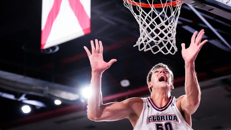 Jan 18, 2024; Boca Raton, Florida, USA; Florida Atlantic Owls center Vladislav Goldin (50) reacts after being fouled by Wichita State Shockers during the second half at Eleanor R. Baldwin Arena. Mandatory Credit: Rich Storry-USA TODAY Sports