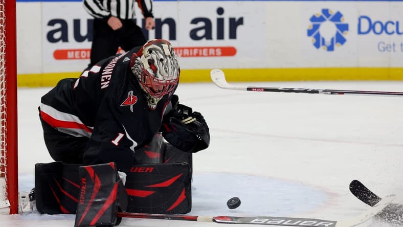 Jan 18, 2024; Buffalo, New York, USA; Buffalo Sabres goaltender Ukko-Pekka Luukkonen (1) makes a save during the third period against the Chicago Blackhawks at KeyBank Center. Mandatory Credit: Timothy T. Ludwig-USA TODAY Sports