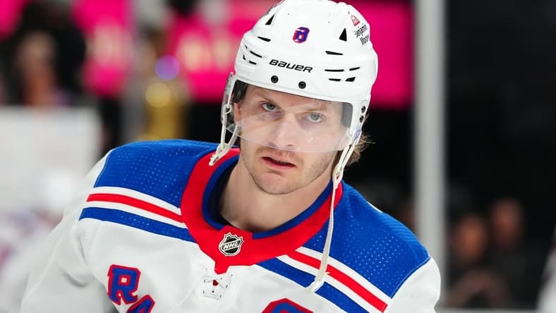 Jan 18, 2024; Las Vegas, Nevada, USA; New York Rangers defenseman Jacob Trouba (8) warms up before a game against the Vegas Golden Knights at T-Mobile Arena. Mandatory Credit: Stephen R. Sylvanie-USA TODAY Sports