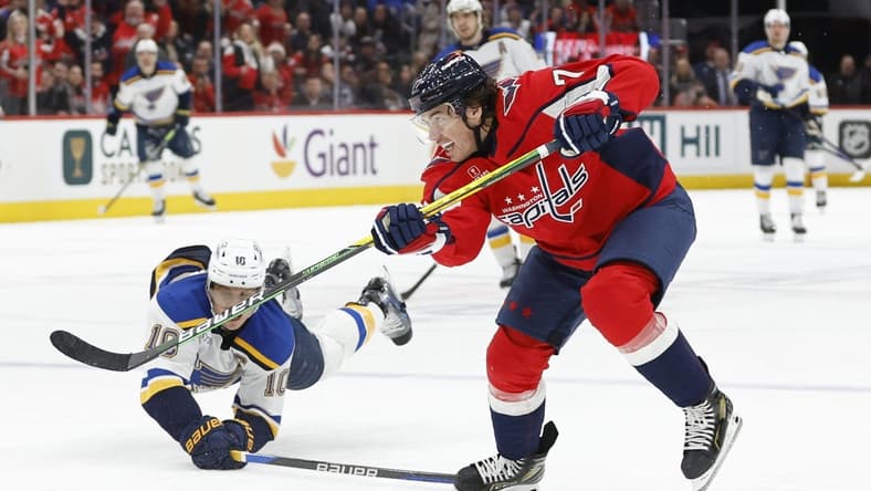 Jan 18, 2024; Washington, District of Columbia, USA; Washington Capitals right wing T.J. Oshie (77) scores an empty net goal as St. Louis Blues center Brayden Schenn (10) defends in the third period at Capital One Arena. Mandatory Credit: Geoff Burke-USA TODAY Sports