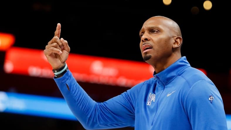 Jan 18, 2024; Memphis, Tennessee, USA; Memphis Tigers head coach Penny Hardaway looks in frustration at a referee after a call during the game between the University of South Florida and the University of Memphis at FedExForum. Mandatory Credit: Chris Day-USA TODAY Sports
