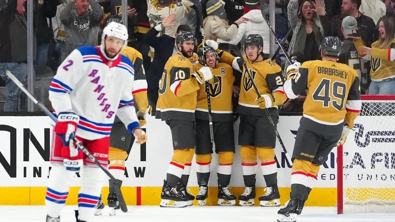 Jan 18, 2024; Las Vegas, Nevada, USA; Vegas Golden Knights right wing Jonathan Marchessault (81) celebrates with team mates after scoring a goal against the New York Rangers during the first period at T-Mobile Arena. Mandatory Credit: Stephen R. Sylvanie-USA TODAY Sports