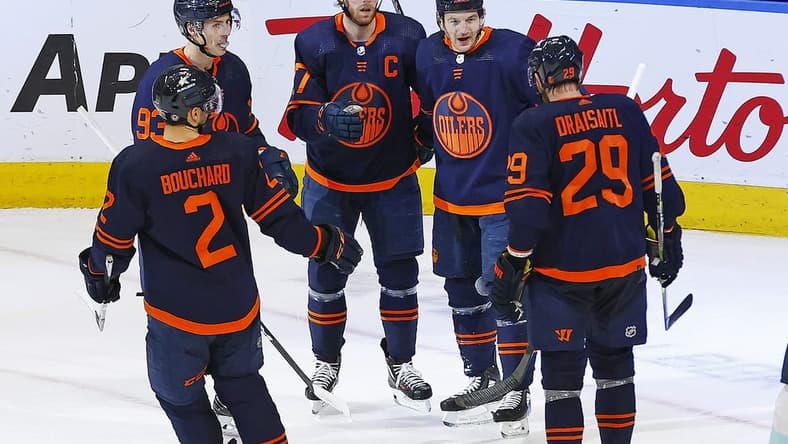 Jan 18, 2024; Edmonton, Alberta, CAN; The Edmonton Oilers celebrate a goal scored by forward Zach Hyman (18) during the third period against the Seattle Kraken at Rogers Place. Mandatory Credit: Perry Nelson-USA TODAY Sports