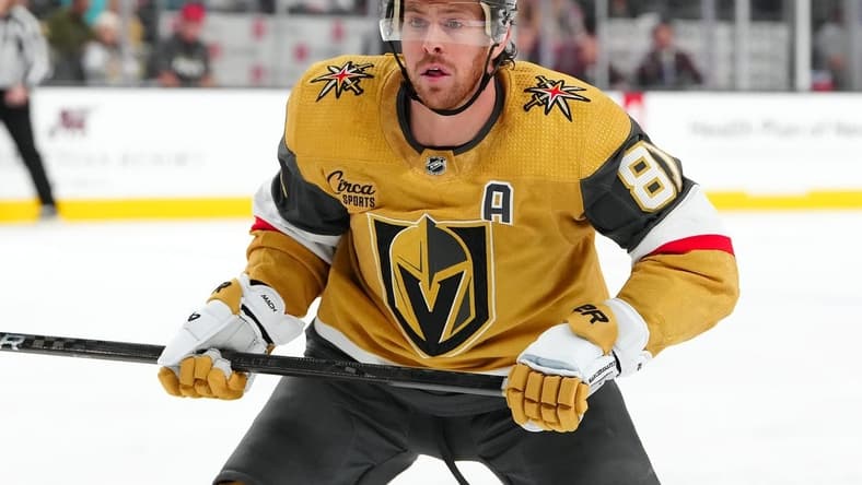 Jan 18, 2024; Las Vegas, Nevada, USA; Vegas Golden Knights right wing Jonathan Marchessault (81) skates against the New York Rangers during the second period at T-Mobile Arena. Mandatory Credit: Stephen R. Sylvanie-USA TODAY Sports
