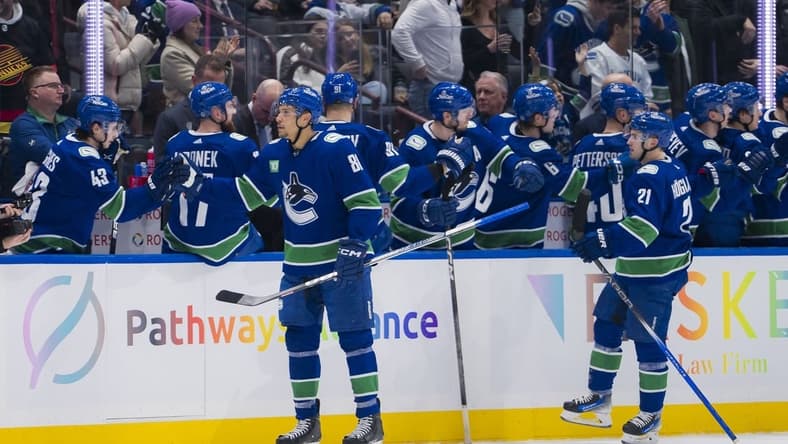 Jan 18, 2024; Vancouver, British Columbia, CAN; Vancouver Canucks forward Dakota Joshua (81) and forward Nils Hoglander (21) celebrate Joshua s goal against the Arizona Coyotes in the second period at Rogers Arena. Mandatory Credit: Bob Frid-USA TODAY Sports