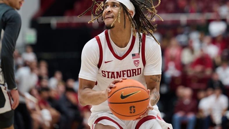 Jan 18, 2024; Stanford, California, USA; Stanford Cardinal guard Kanaan Carlyle (3) dribbles the ball against the Washington State Cougars during the first half at Maples Pavilion. Mandatory Credit: Robert Edwards-USA TODAY Sports