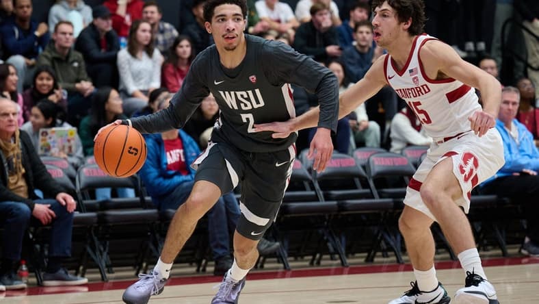 Jan 18, 2024; Stanford, California, USA; Washington State Cougars guard Myles Rice (2) dribbles the ball against Stanford Cardinal guard Benny Gealer (15) during the first half at Maples Pavilion. Mandatory Credit: Robert Edwards-USA TODAY Sports