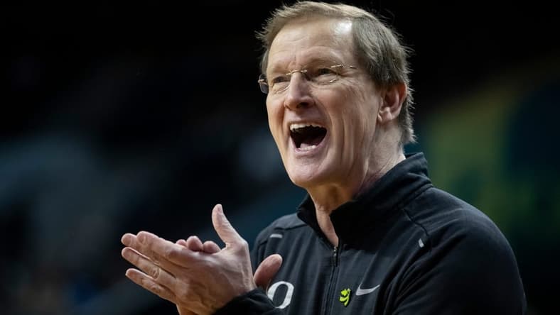 Oregon head coach Dana Altman cheers on his team as the Oregon Ducks host the California Golden Bears Saturday, Jan. 13, 2024 at Matthew Knight Arena in Eugene, Ore.
