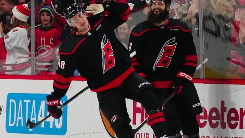 Jan 19, 2024; Raleigh, North Carolina, USA; Carolina Hurricanes center Martin Necas (88) celebrates his goal against the Detroit Red Wings during the second period at PNC Arena. Mandatory Credit: James Guillory-USA TODAY Sports