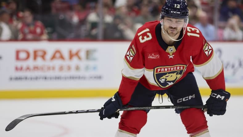 Jan 19, 2024; Sunrise, Florida, USA; Florida Panthers center Sam Reinhart (13) looks on against the Minnesota Wild during the second period at Amerant Bank Arena. Mandatory Credit: Sam Navarro-USA TODAY Sports