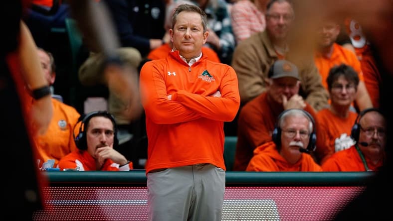 Jan 19, 2024; Fort Collins, Colorado, USA; Colorado State Rams head coach Niko Medved looks on in the second half against the UNLV Rebels at Moby Arena. Mandatory Credit: Isaiah J. Downing-USA TODAY Sports