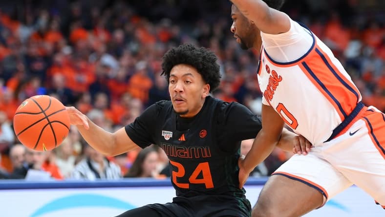Jan 20, 2024; Syracuse, New York, USA; Miami (Fl) Hurricanes guard Nijel Pack (24) controls the ball as Syracuse Orange guard Kyle Cuffe Jr. (0) defends during the first half at the JMA Wireless Dome. Mandatory Credit: Rich Barnes-USA TODAY Sports