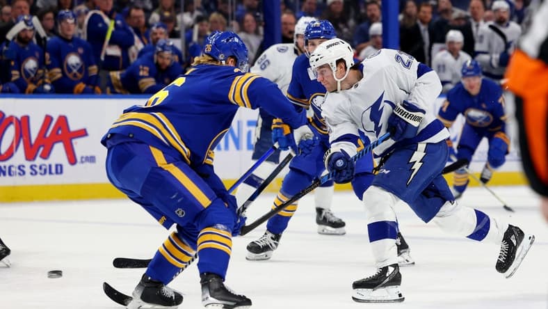 Jan 20, 2024; Buffalo, New York, USA; Buffalo Sabres defenseman Rasmus Dahlin (26) looks to block a shot by Tampa Bay Lightning center Brayden Point (21) during the first period at KeyBank Center. Mandatory Credit: Timothy T. Ludwig-USA TODAY Sports