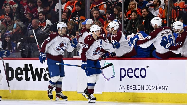 Jan 20, 2024; Philadelphia, Pennsylvania, USA; Colorado Avalanche center Nathan MacKinnon (29) celebrates with teammates after scoring a goal against the Philadelphia Flyers in the second period at Wells Fargo Center. Mandatory Credit: Kyle Ross-USA TODAY Sports
