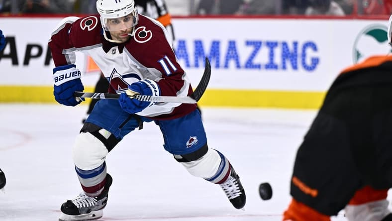 Jan 20, 2024; Philadelphia, Pennsylvania, USA; Colorado Avalanche center Andrew Cogliano (11) follows the puck against the Philadelphia Flyers in the second period at Wells Fargo Center. Mandatory Credit: Kyle Ross-USA TODAY Sports