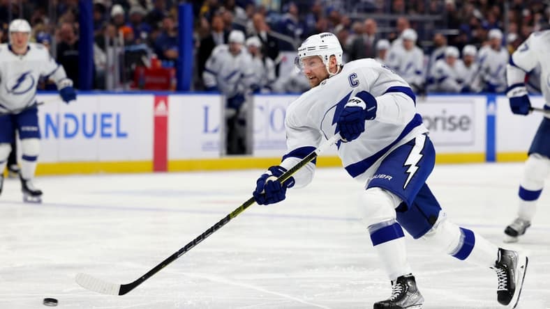 Jan 20, 2024; Buffalo, New York, USA; Tampa Bay Lightning center Steven Stamkos (91) takes a shot on goal during the third period against the Buffalo Sabres at KeyBank Center. Mandatory Credit: Timothy T. Ludwig-USA TODAY Sports