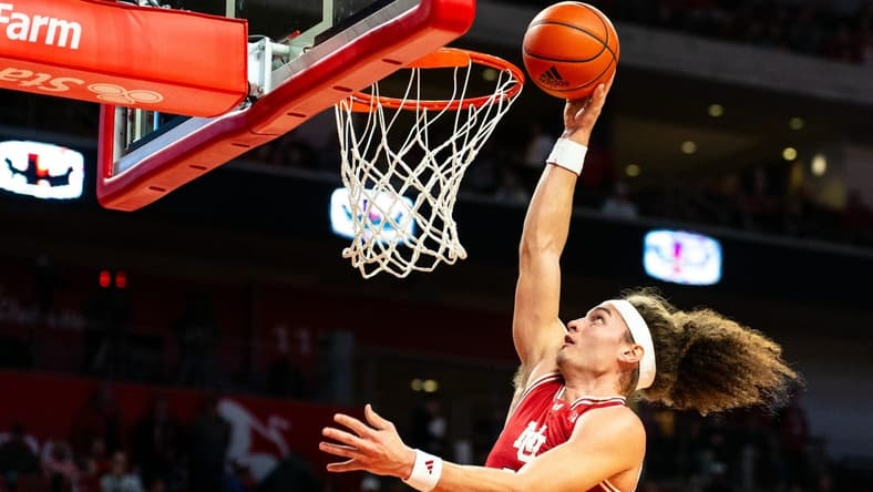 Jan 20, 2024; Lincoln, Nebraska, USA; Nebraska Cornhuskers forward Josiah Allick (53) shoots the ball against the Northwestern Wildcats during the first half at Pinnacle Bank Arena. Mandatory Credit: Dylan Widger-USA TODAY Sports