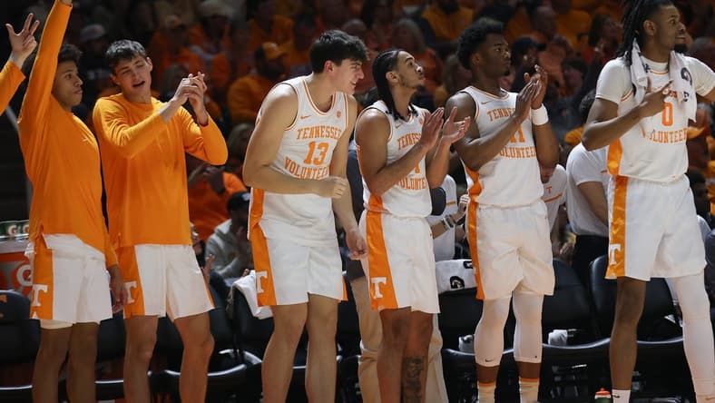 Jan 20, 2024; Knoxville, Tennessee, USA; The Tennessee Volunteers bench reacts to a three-point shot against the Alabama Crimson Tide during the first half at Thompson-Boling Arena at Food City Center. Mandatory Credit: Randy Sartin-USA TODAY Sports
