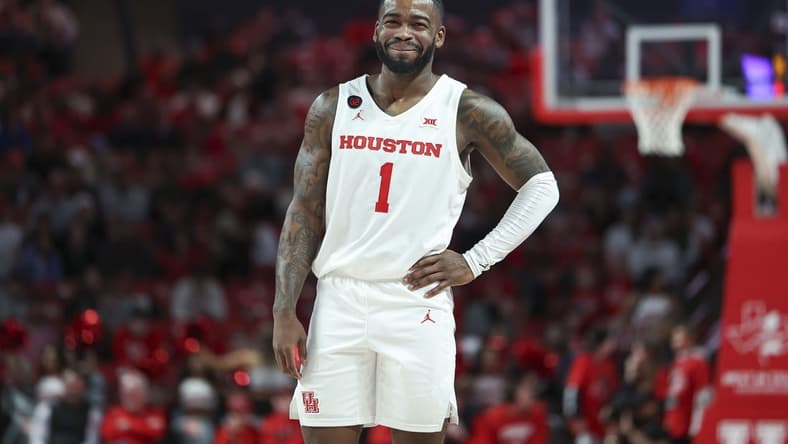Jan 20, 2024; Houston, Texas, USA; Houston Cougars guard Jamal Shead (1) smiles after a play during the second half against the UCF Knights at Fertitta Center. Mandatory Credit: Troy Taormina-USA TODAY Sports
