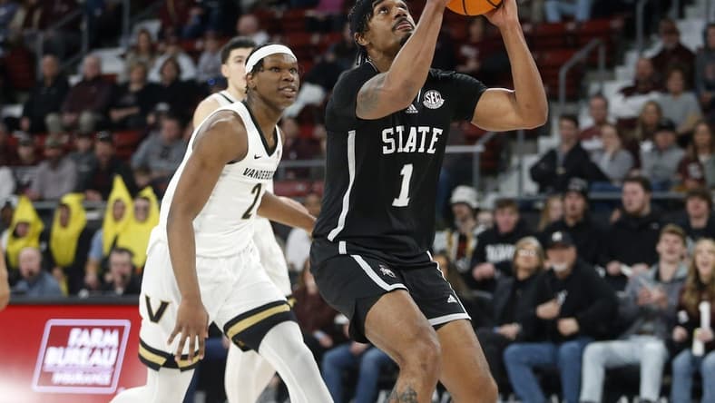 Jan 20, 2024; Starkville, Mississippi, USA; Mississippi State Bulldogs forward Tolu Smith (1) drives to the basket during the first half against the Vanderbilt Commodores at Humphrey Coliseum. Mandatory Credit: Petre Thomas-USA TODAY Sports