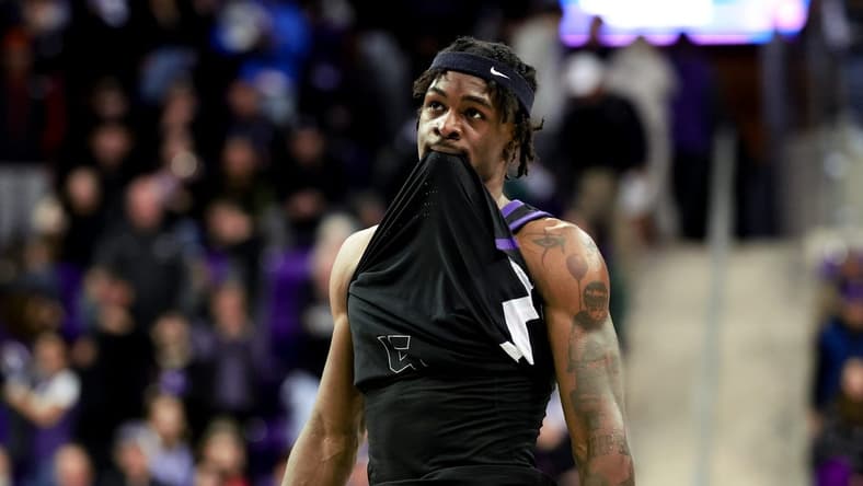 Jan 20, 2024; Fort Worth, Texas, USA;  TCU Horned Frogs forward Emanuel Miller (2) reacts after the game against the Iowa State Cyclones at Ed and Rae Schollmaier Arena. Mandatory Credit: Kevin Jairaj-USA TODAY Sports