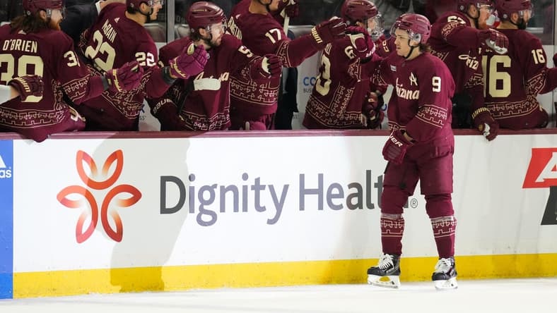Jan 20, 2024; Tempe, Arizona, USA; Arizona Coyotes right wing Clayton Keller (9) celebrates his goal against the Nashville Predators during the first period at Mullett Arena. Mandatory Credit: Joe Camporeale-USA TODAY Sports