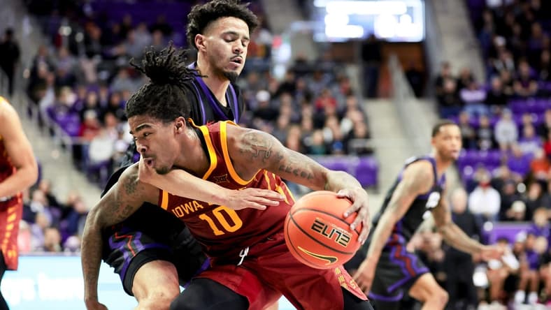 Jan 20, 2024; Fort Worth, Texas, USA;  Iowa State Cyclones guard Keshon Gilbert (10) drives to the basket as TCU Horned Frogs guard Trevian Tennyson (11) defends during the second half at Ed and Rae Schollmaier Arena. Mandatory Credit: Kevin Jairaj-USA TODAY Sports